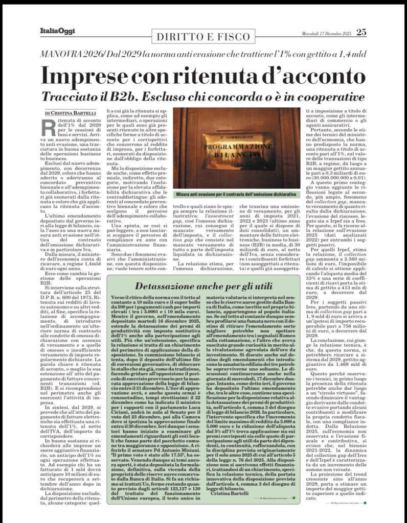 Manovra 2026: ritenuta d’acconto sulle imprese e tracciabilità B2B